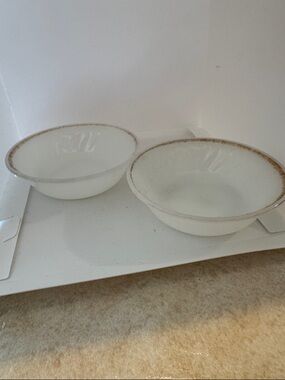 Fire King White Ceramic Bowls with Gold Rim - Set of 2